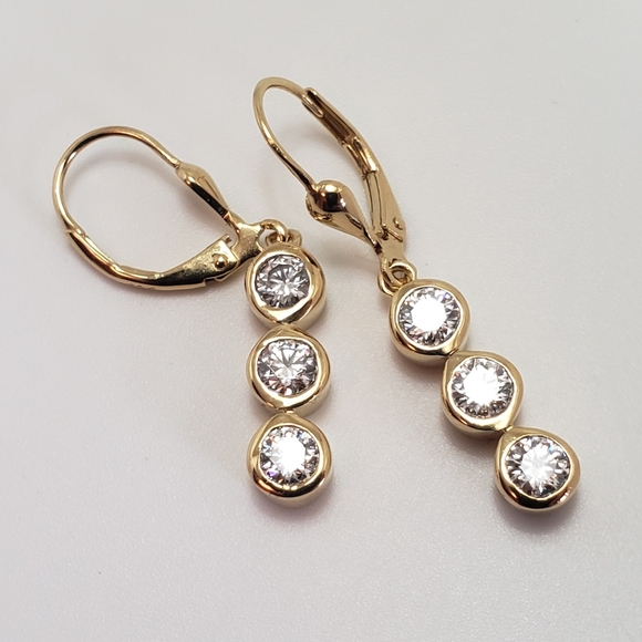 1.75ctw. Authentic Moissanite 3 Stone Drop Earrings in 18k Gold over Silver - Picture 3 of 11